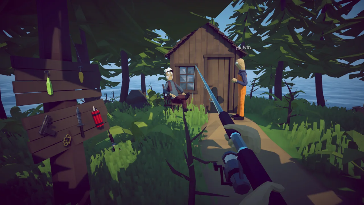 How to Fish gameplay: characters on a tiny island casting fishing rods into bright cartoon water