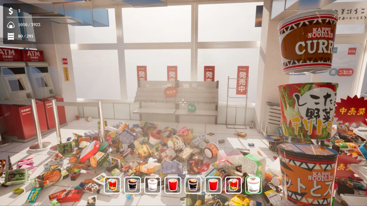 Konbini Cleanup: the messy interior of a Japanese convenience store with products scattered on the floor and shelves waiting to be sorted