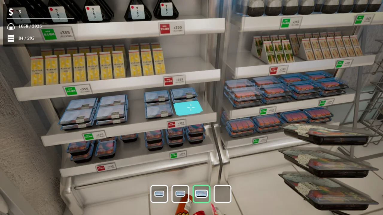 Konbini Cleanup gameplay: store shelves with drinks and snacks in the cozy organizing simulator