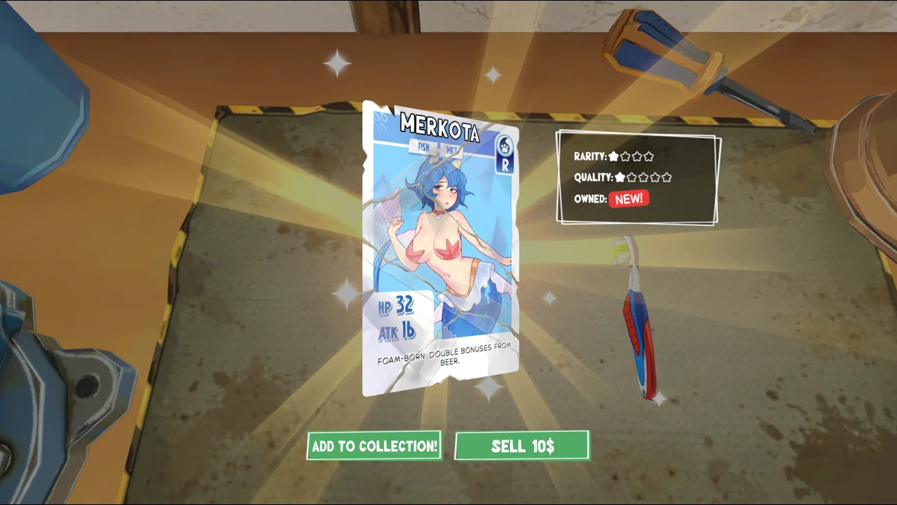 KOTAMON gameplay: tossing a trash bag while another hidden card glints inside an open dumpster