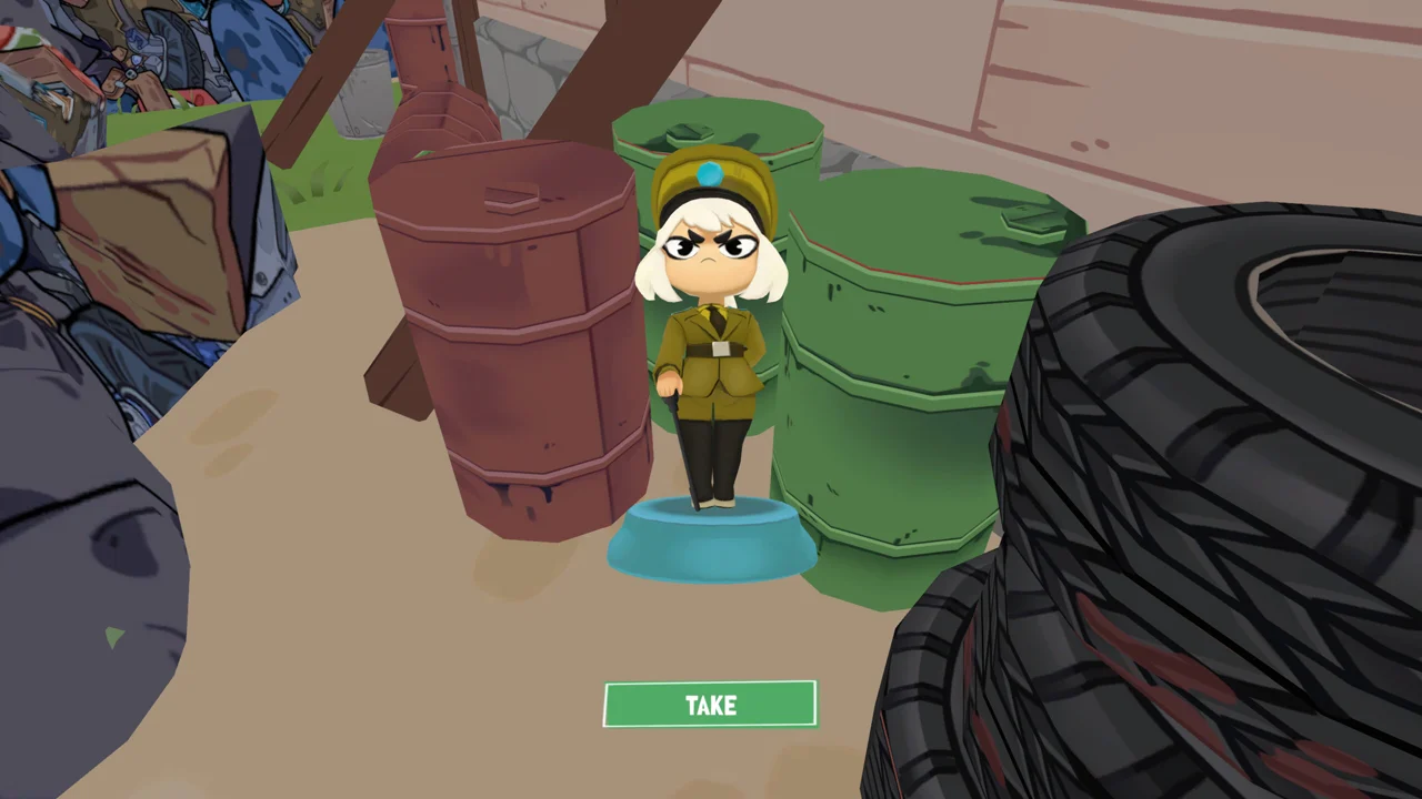 KOTAMON: a cheerful low-poly town scene with the player character near trash bags and a dumpster