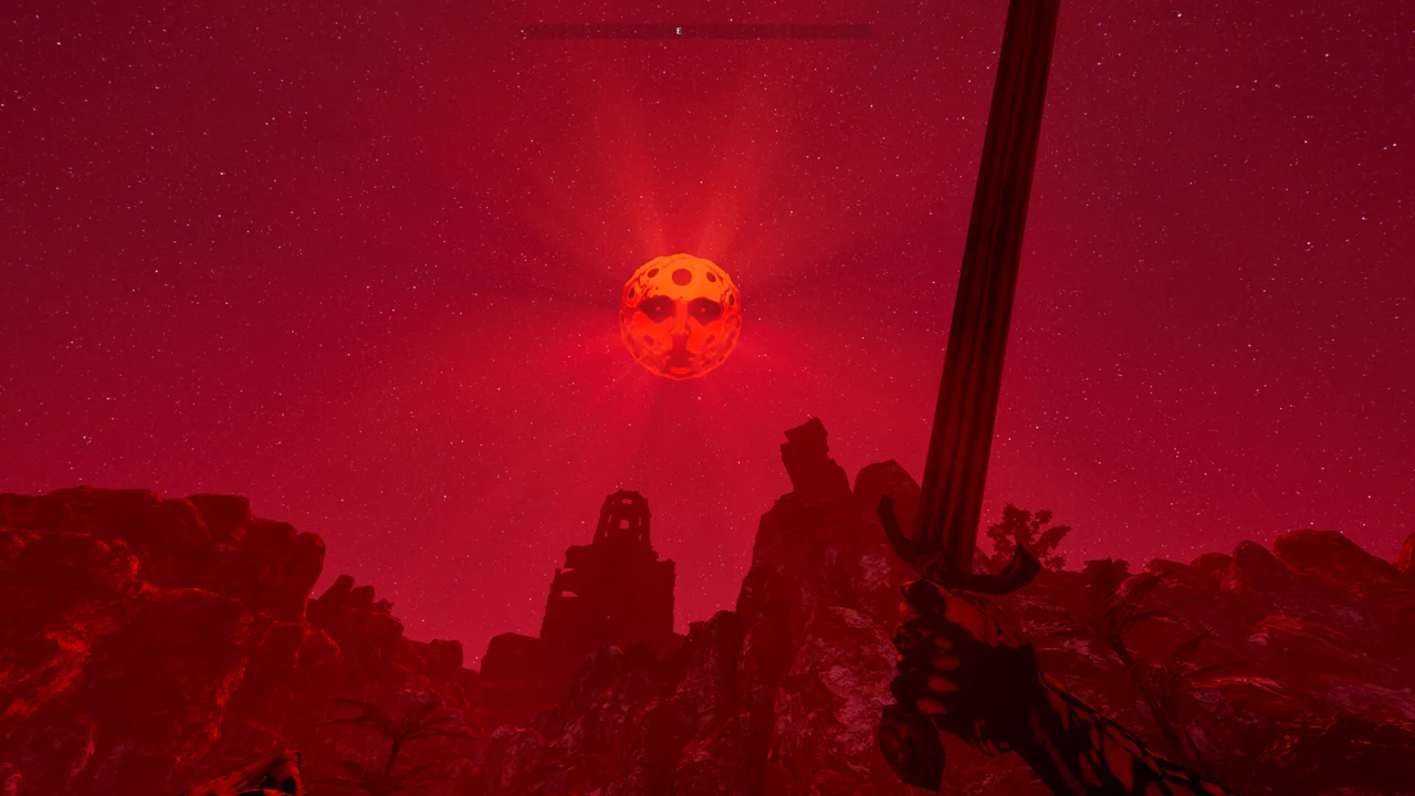 Gameplay of The Lantern of the Laughless Saint: exploring a misty forest path beside a stone wall