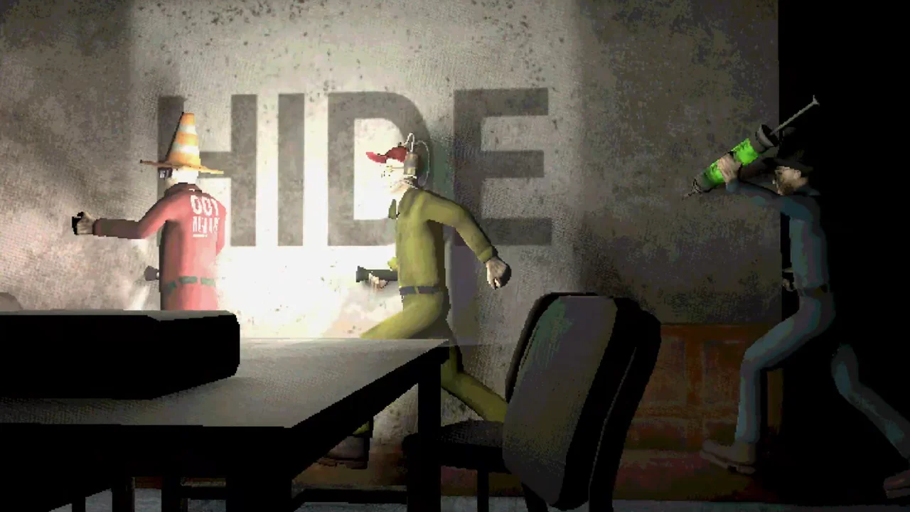 Machine Party: dark industrial arena with machinery, hazard lights, and small player characters in a deadly minigame setup