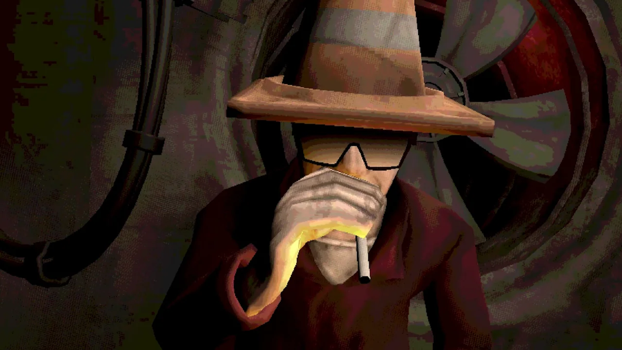Machine Party: a close-up of a deadly minigame with a player character facing a massive industrial machine