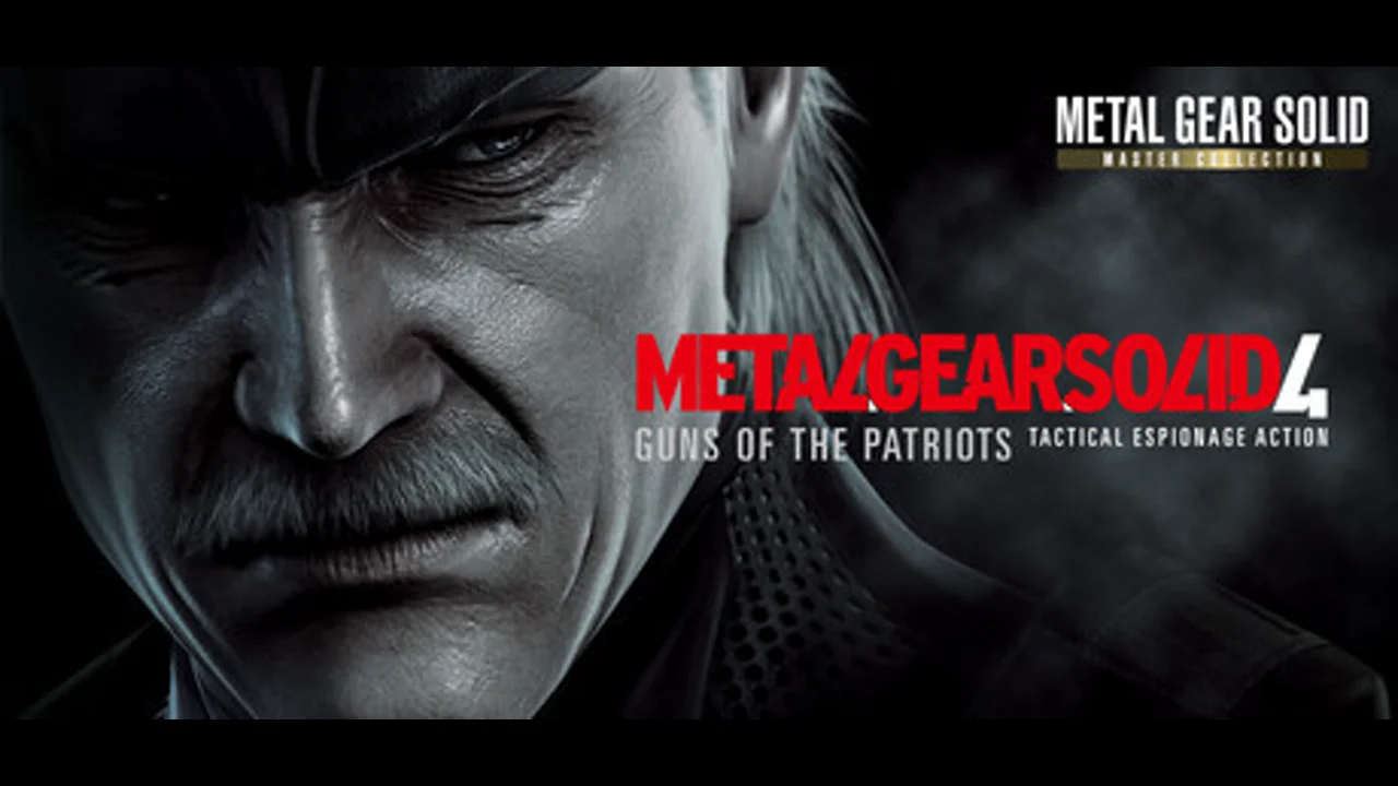 Metal Gear Solid 4: Guns of the Patriots key art — Old Snake in a war-torn urban environment with the iconic raiden silhouette