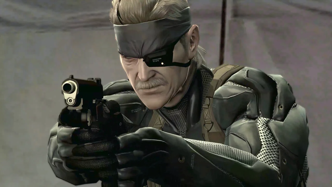 MGS4 gameplay screenshot — Snake in tactical stealth gear in a Middle Eastern urban environment, holding an assault rifle