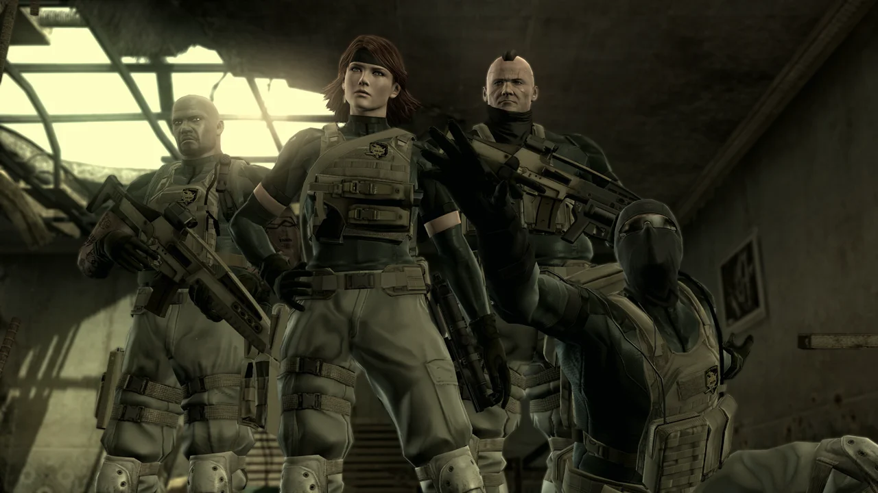 MGS4 in-game shot — a tactical battlefield environment with multiple PMC soldiers and war machinery visible across a smoke-filled horizon