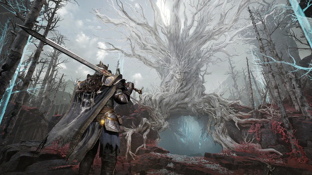 Mistfall Hunter: a dark fantasy character in heavy armor standing in fog, with the shattered world of Weavereach behind
