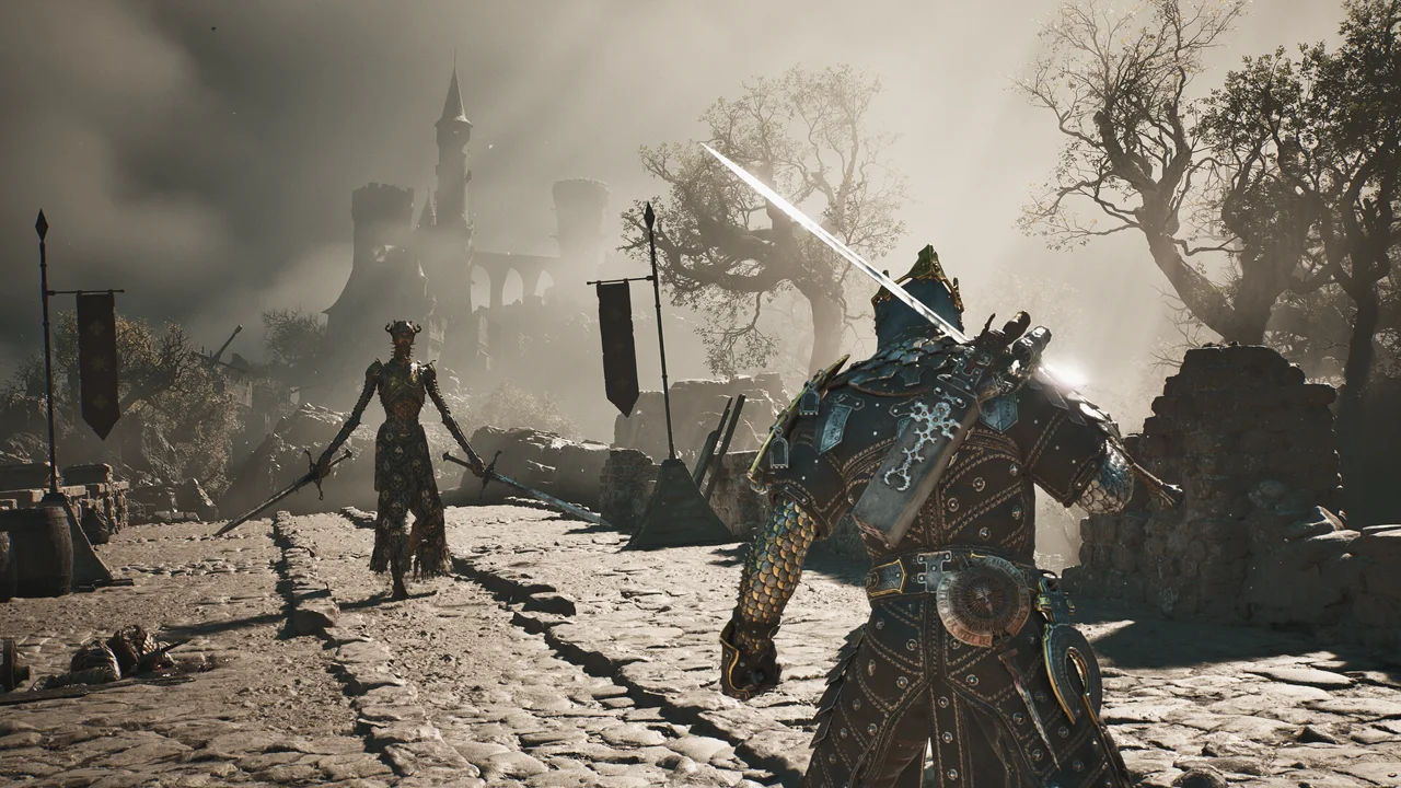 Mortal Shell II gameplay: a warrior in combat against a large creature in a ruined temple environment