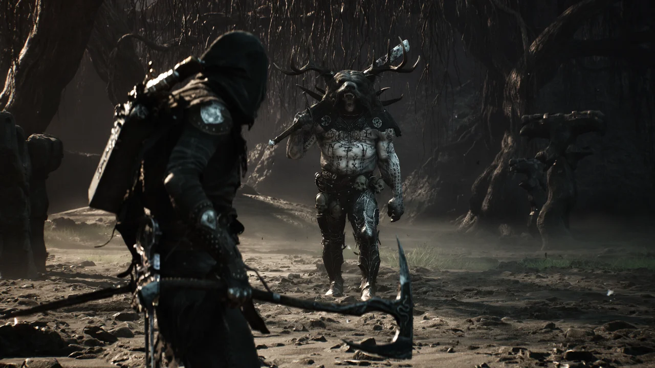 Mortal Shell II exploration: a warrior walking through a snow-dusted, foggy landscape