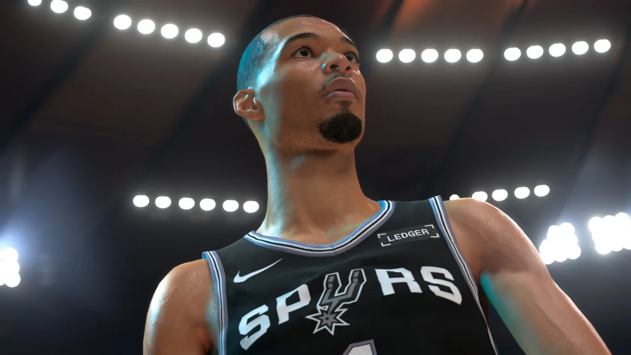 NBA 2K27 key art: a MyPLAYER mid-dribble under arena lights, The City skyline behind, game UI on the right