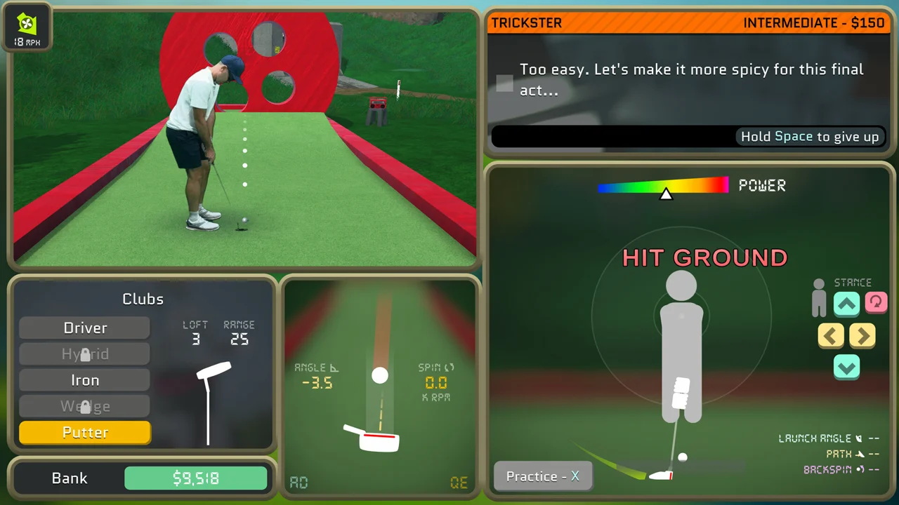 Normal Golf Game screenshot: the ball-striking interface with the golfer model, club path panel and on-screen control hints