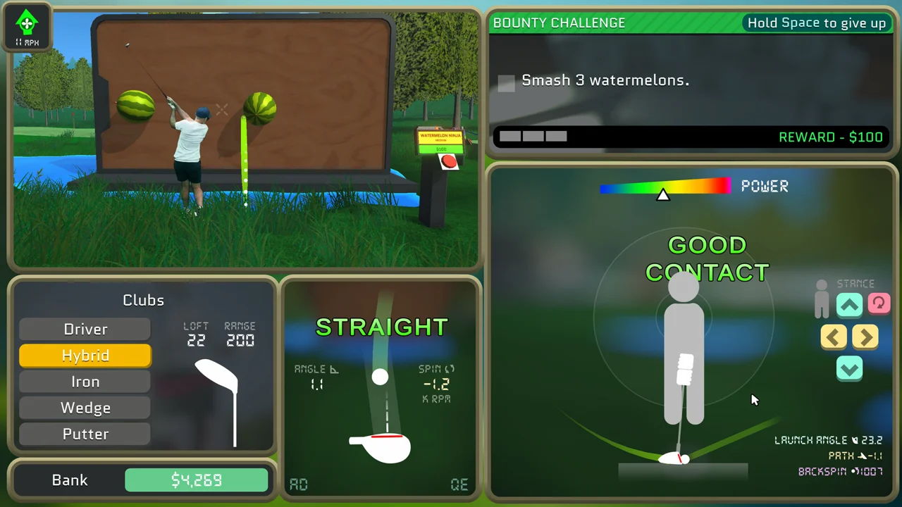 Normal Golf Game screenshot: a golfer mid-swing on the course with a watermelon sitting on the grass as a bounty target