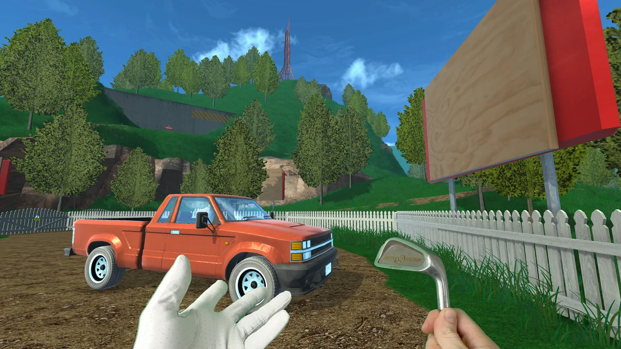 Normal Golf Game screenshot: first-person view of the golfer's hands on a club, an orange pickup parked on the grass ahead and a ball on the tee