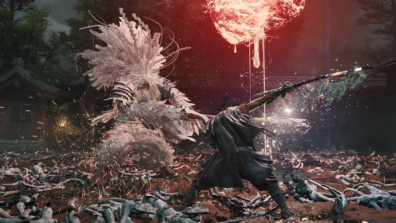 Onimusha: Way of the Sword key art: a samurai with a glowing Oni Gauntlet raises his katana amid blood-red mist in Edo-period Kyoto