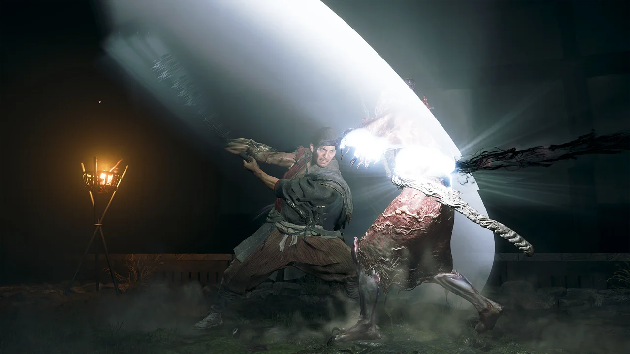 Onimusha: Way of the Sword combat: the protagonist blocking a Genma warrior's heavy strike, sparks flying off the katana