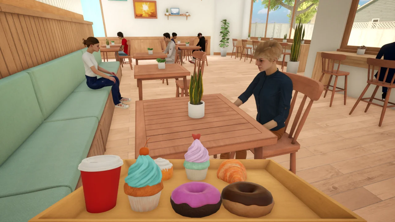 Patisserie Simulator: first-person view of a tray loaded with pastries and drinks in a bright, stylized 3D cafe