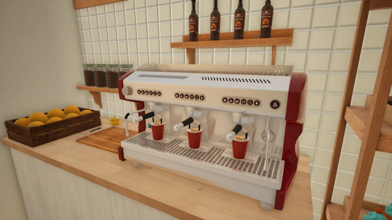 Patisserie Simulator counter: a large espresso machine brewing coffee into red cups on a wooden counter