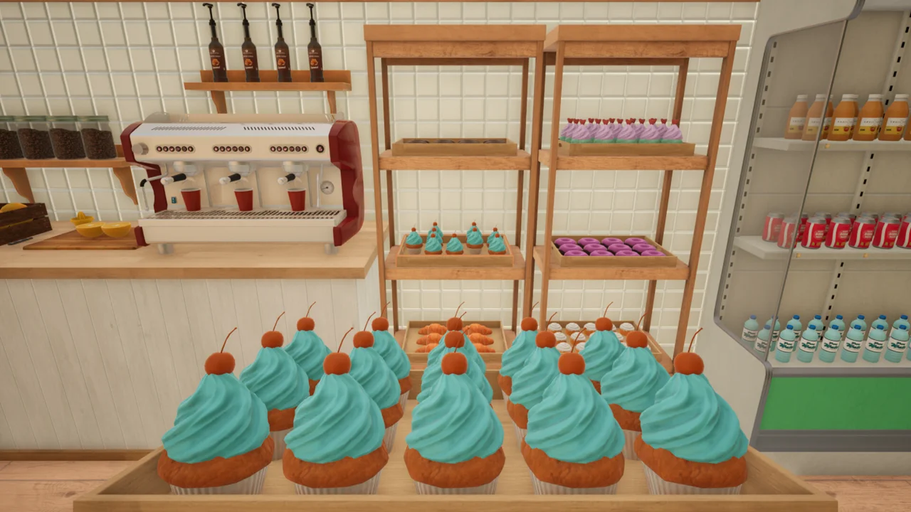 Patisserie Simulator shop: a low-poly bakery scene with a tray of teal cherry cupcakes, wooden shelves, and a coffee station