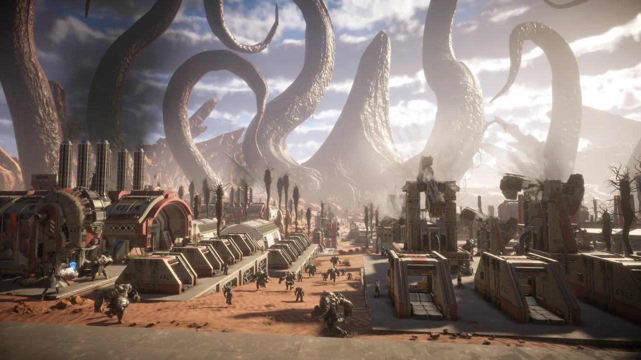 Pax Autocratica: a propaganda-style key art with a stern leader figure and a sci-fi colony behind