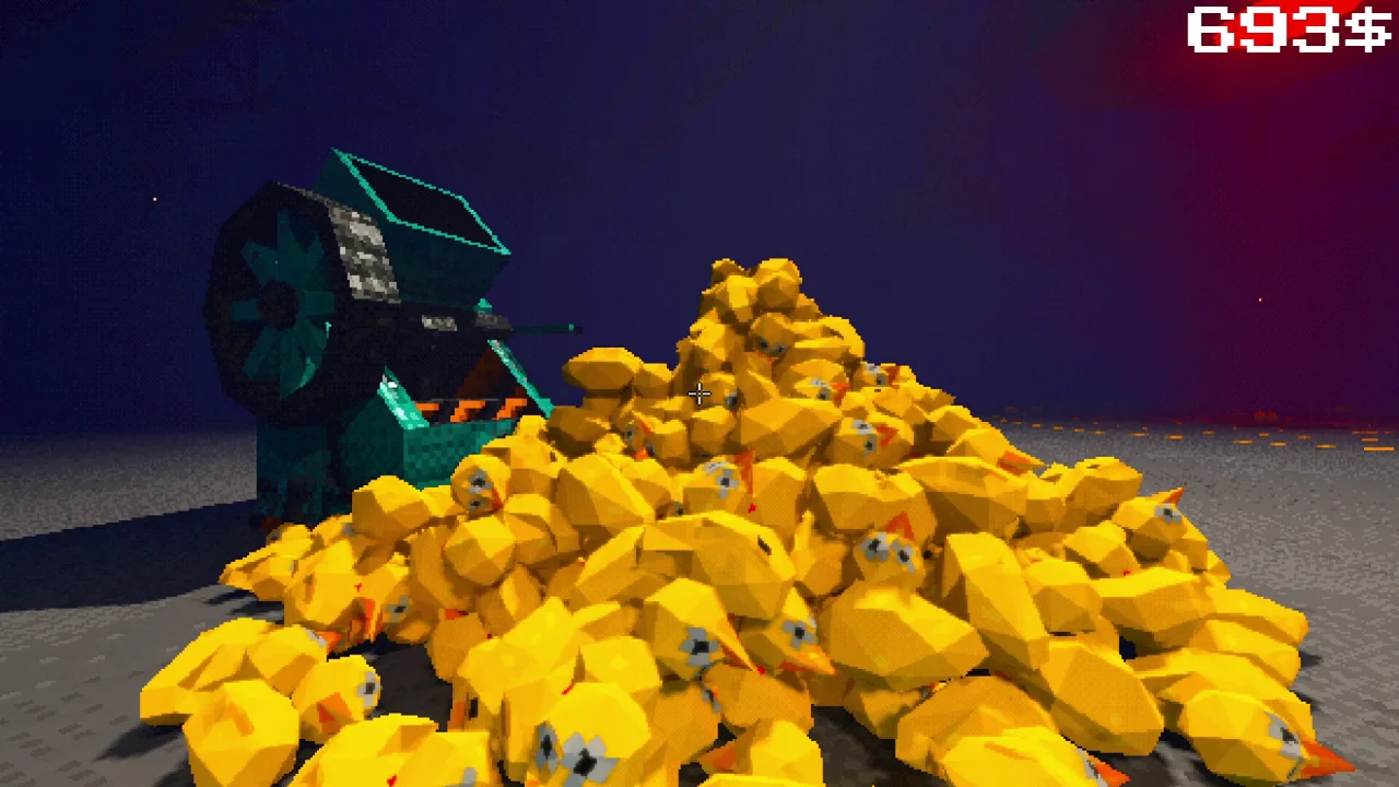 Project P.I.T.T. gameplay: a physics contraption with ducks moving along conveyor belts toward the pit