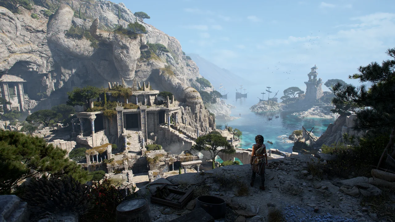 Resonance: A Plague Tale Legacy gameplay: Sophia with twin blades on a sunlit Greek island, enemies closing in