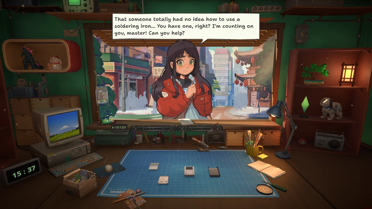 ReStory: Chill Electronics Repairs — a cozy repair workshop with a cluttered workbench and an anime character at the window
