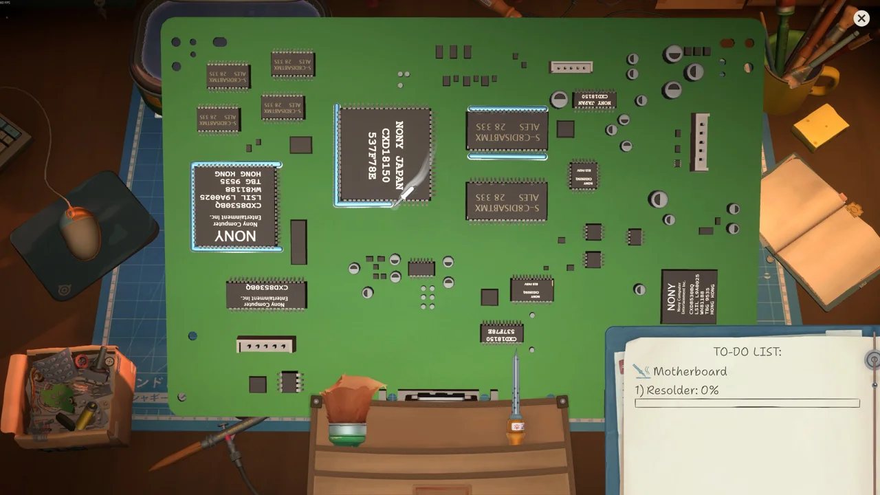 ReStory workbench: a soldering iron works on a green retro console motherboard, with a resolder task in the to-do list