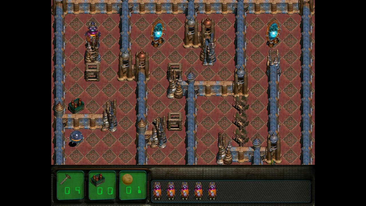 Robbo Millennium: isometric retro dungeon scene with red claimed flooring, stone pillars, and a green resource UI bar