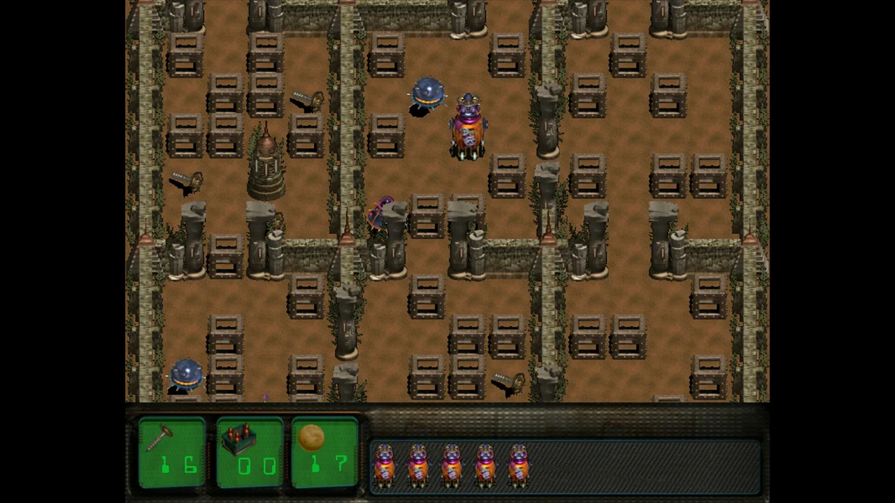 Robbo Millennium maze: a purple robot navigates a grid of stone walls and wooden crates in a top-down retro level