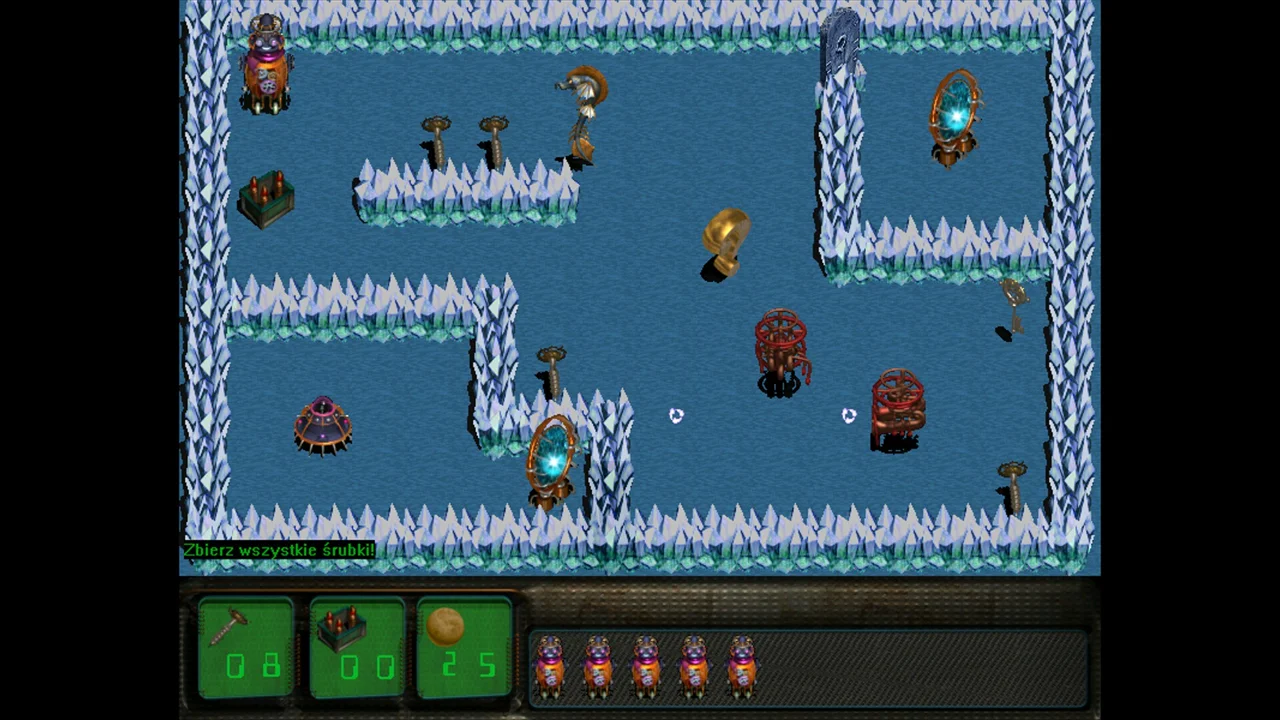 Robbo Millennium ice level: a top-down retro maze where a squad collects golden screws while tanks and UFOs patrol