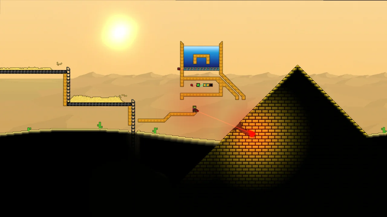 Sandustry gameplay: belts and automated mining machines moving sand and materials through a factory line in the destructible pixel world