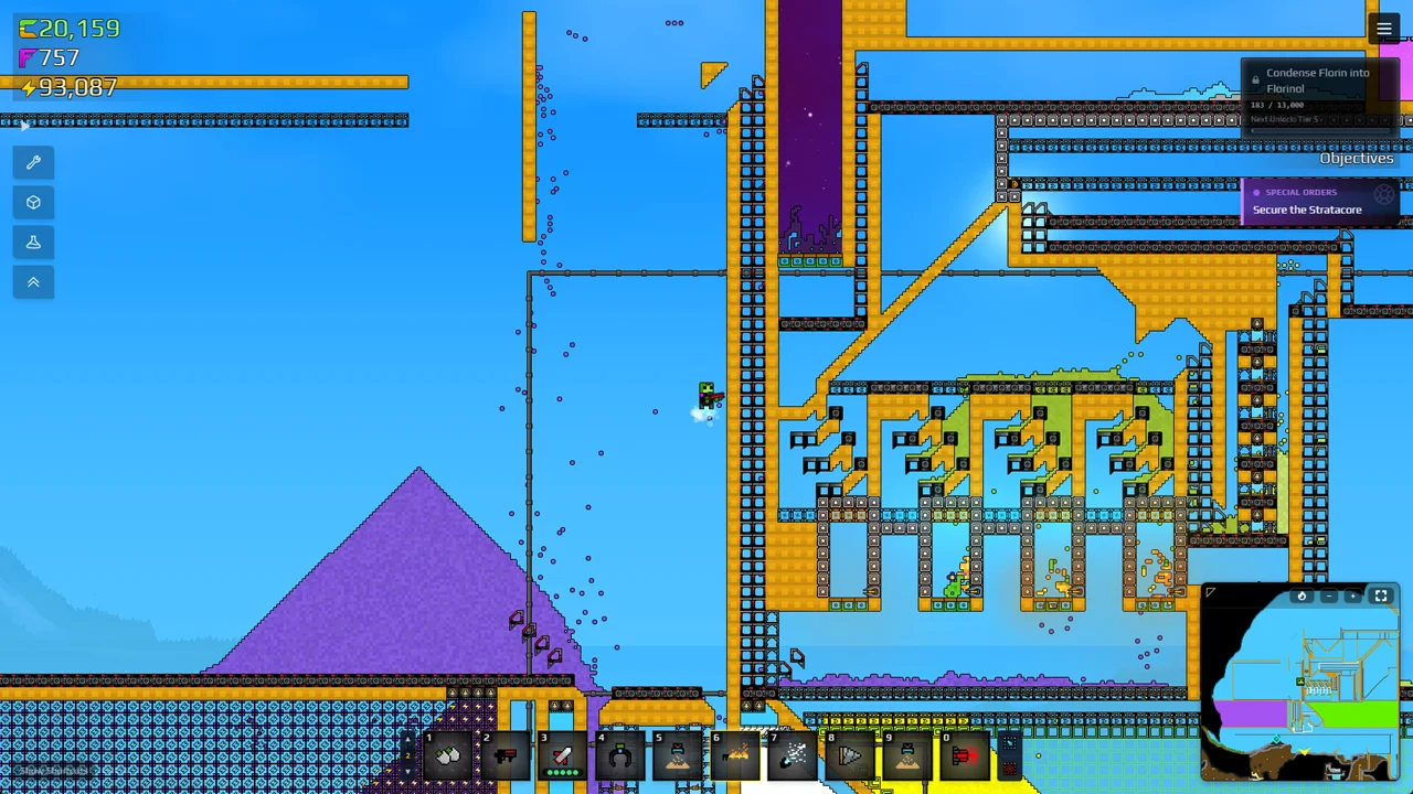Sandustry: a deeper underground section of the map with ore veins, tunnels, and automated drill setups