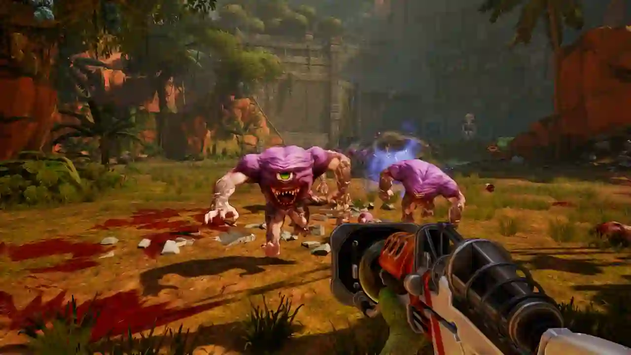 Serious Sam: Shatterverse gameplay: Sam Stone firing a massive minigun at a horde of Mental's aliens in a neon-soaked arena