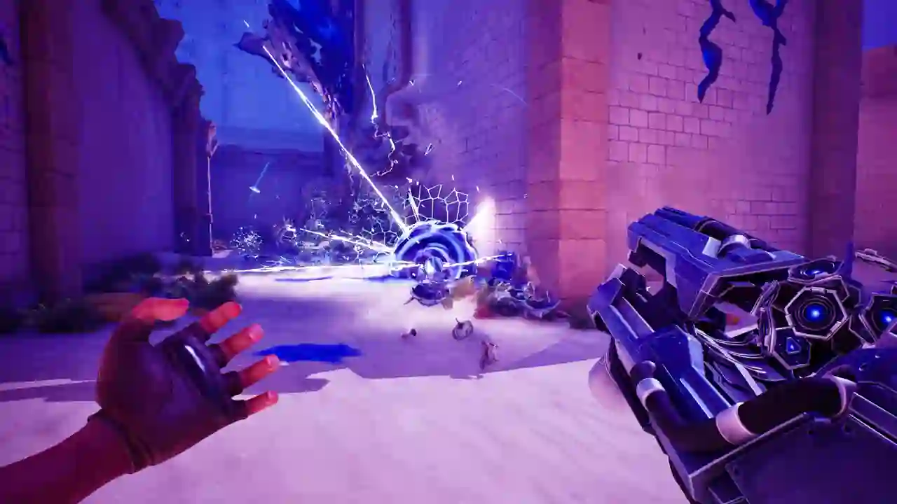 Serious Sam: Shatterverse: multiple Sam Stones from different universes firing in unison at a giant alien monster