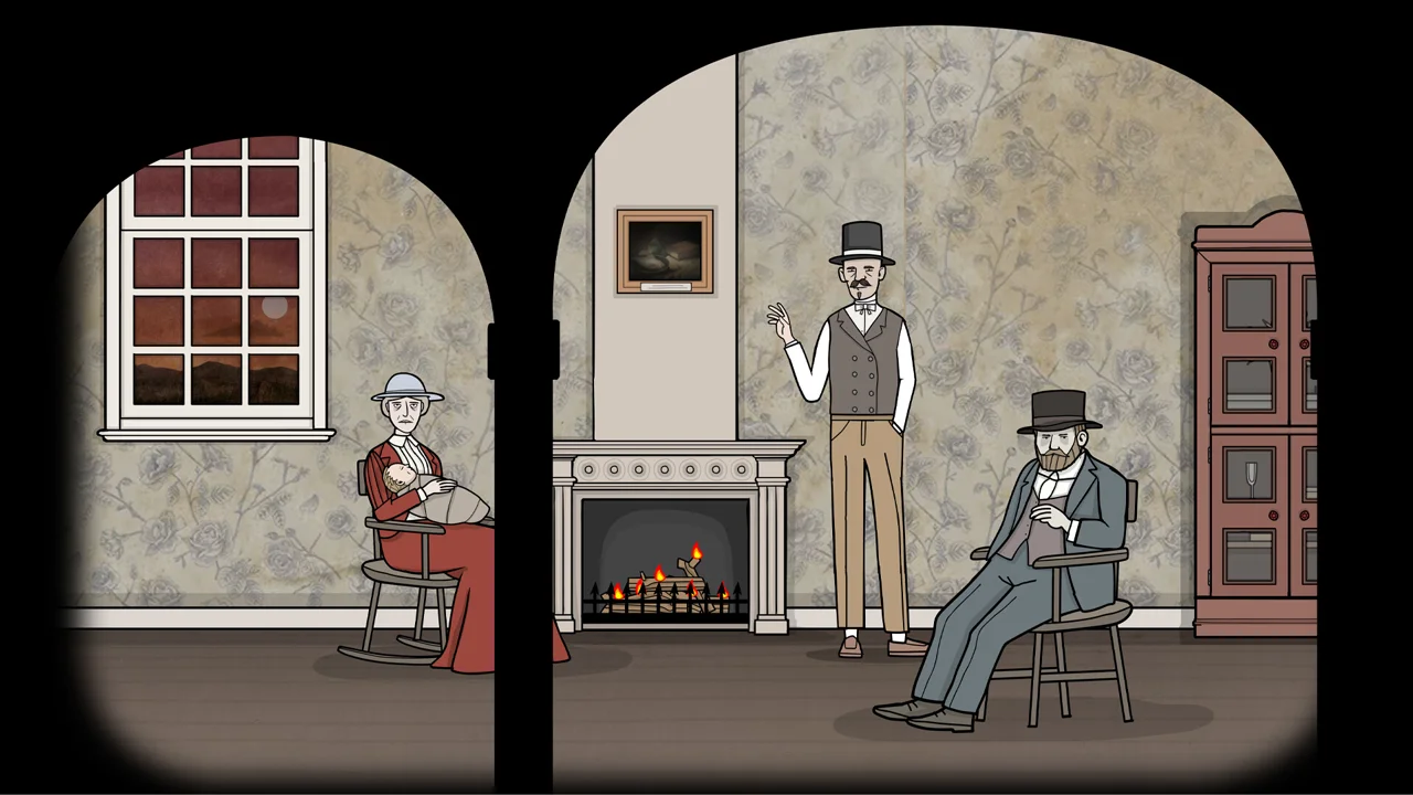 Servant of the Lake gameplay: a stylized interior room of the Vanderboom house with furniture and interactive objects to examine