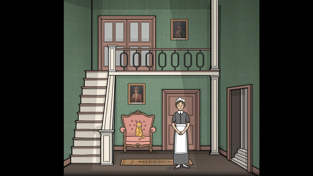 Servant of the Lake: the dark, hand-drawn Vanderboom house with a hooded servant figure at the door