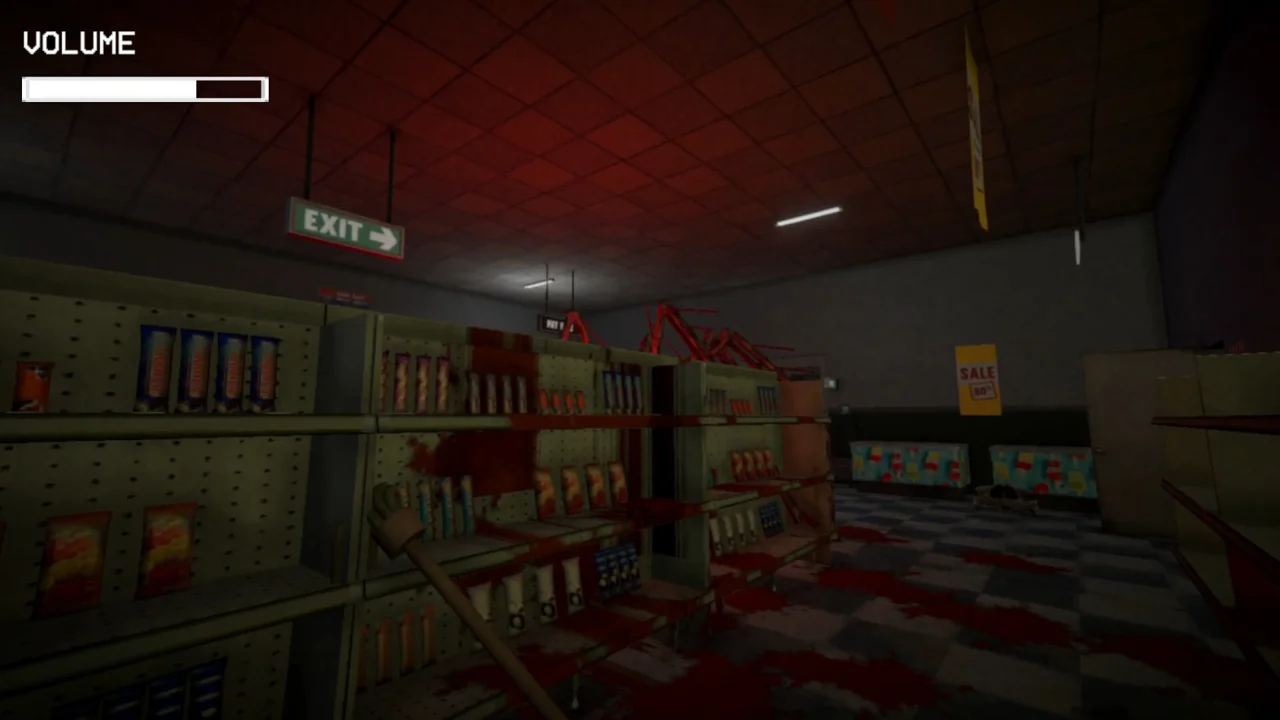 Shift At Midnight: the inside of a dimly lit convenience store at night, shelves stocked, a customer standing unnaturally still in the aisle