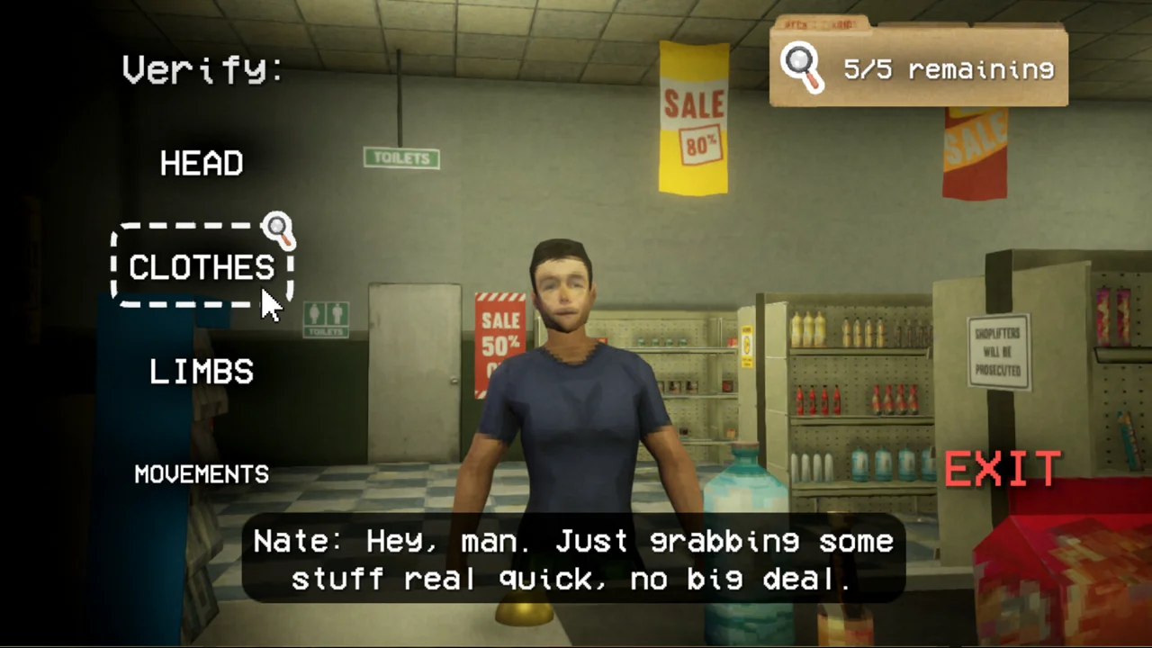 Shift At Midnight gameplay: two player characters hiding behind shelves while a shadowy figure moves toward the counter