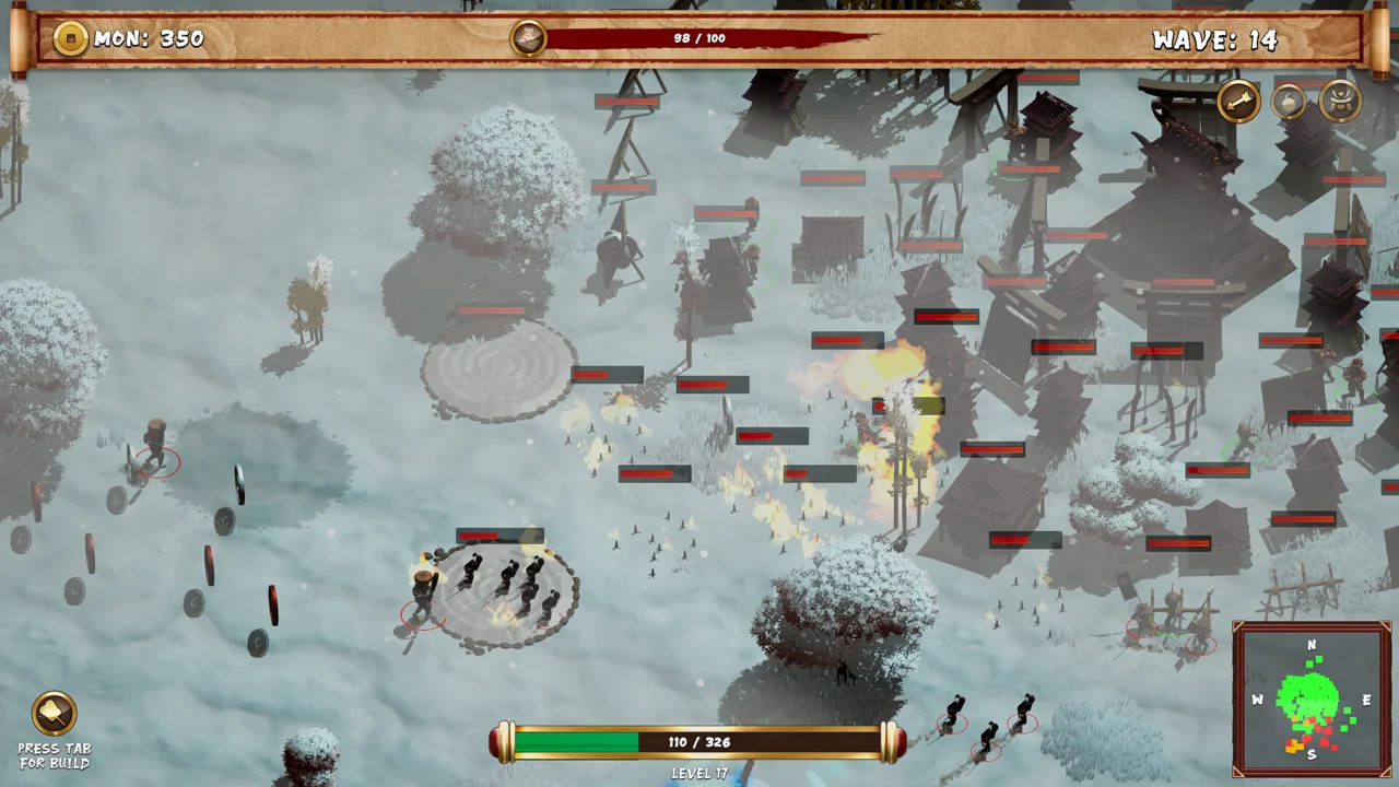 Shogun's Stand on its snowy map: arrow traps and a fire explosion catch enemy squads mid-advance