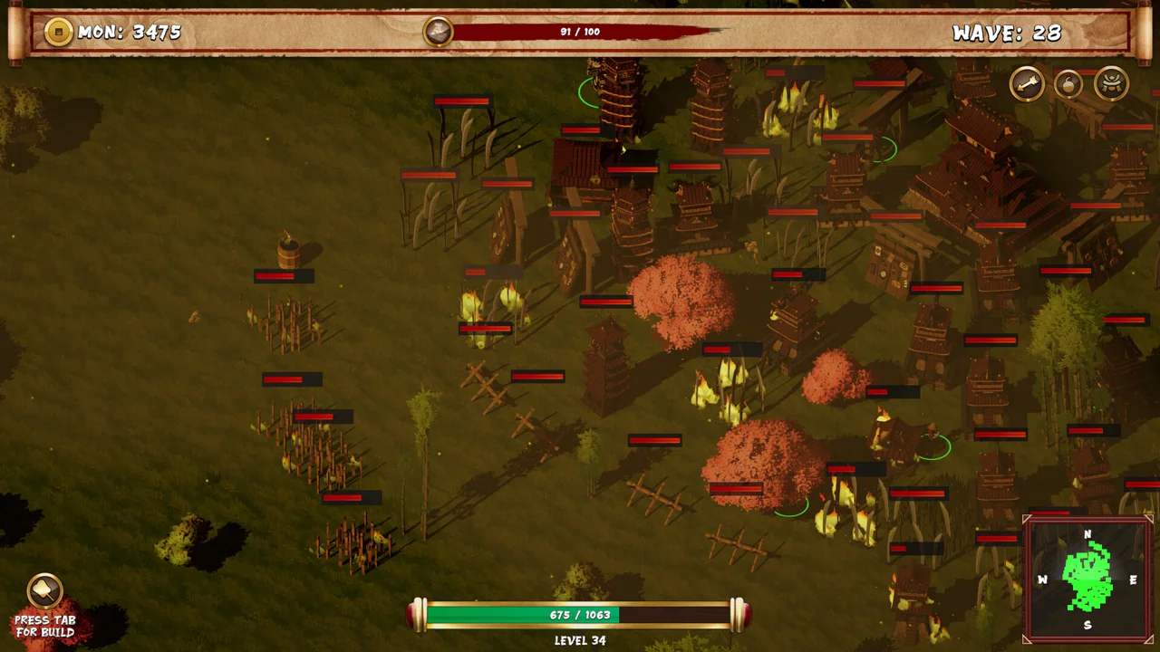 Shogun's Stand gameplay: a maze of spike traps and fire pits funnels a horde of enemies toward the castle during wave 28