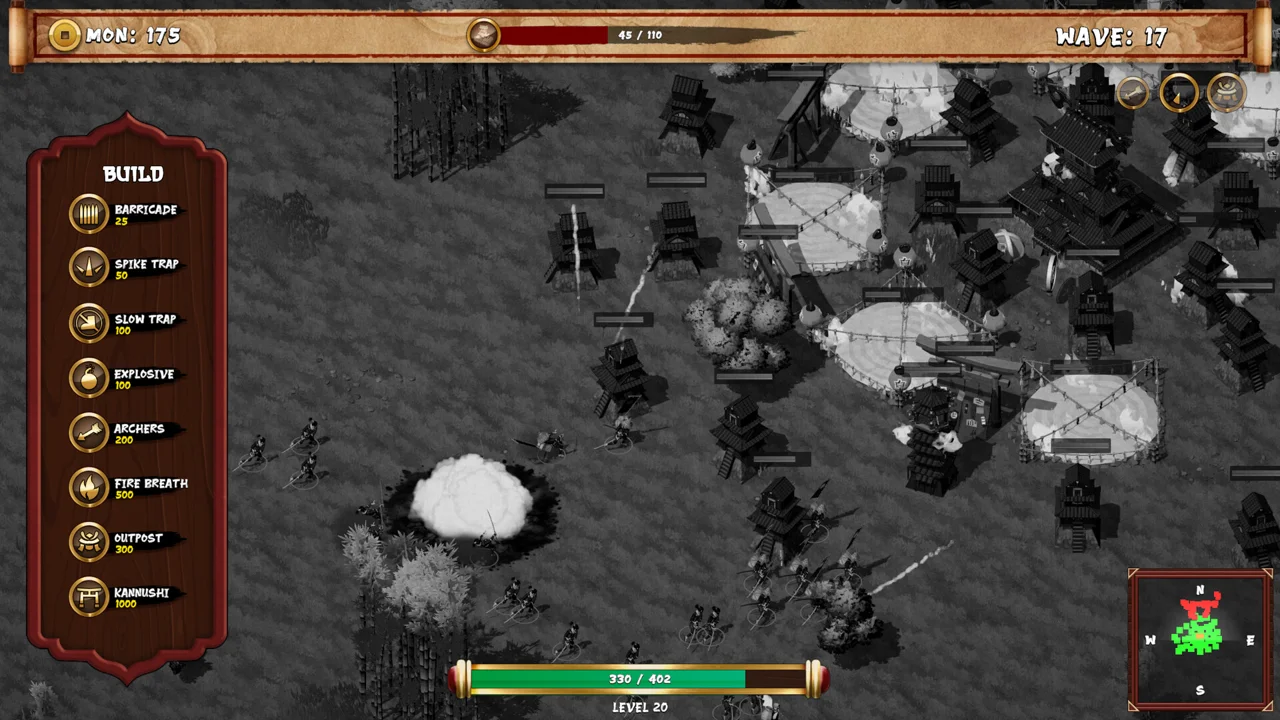 Shogun's Stand mid-battle: an explosion clears the field while the player's base buildings take damage on wave 11