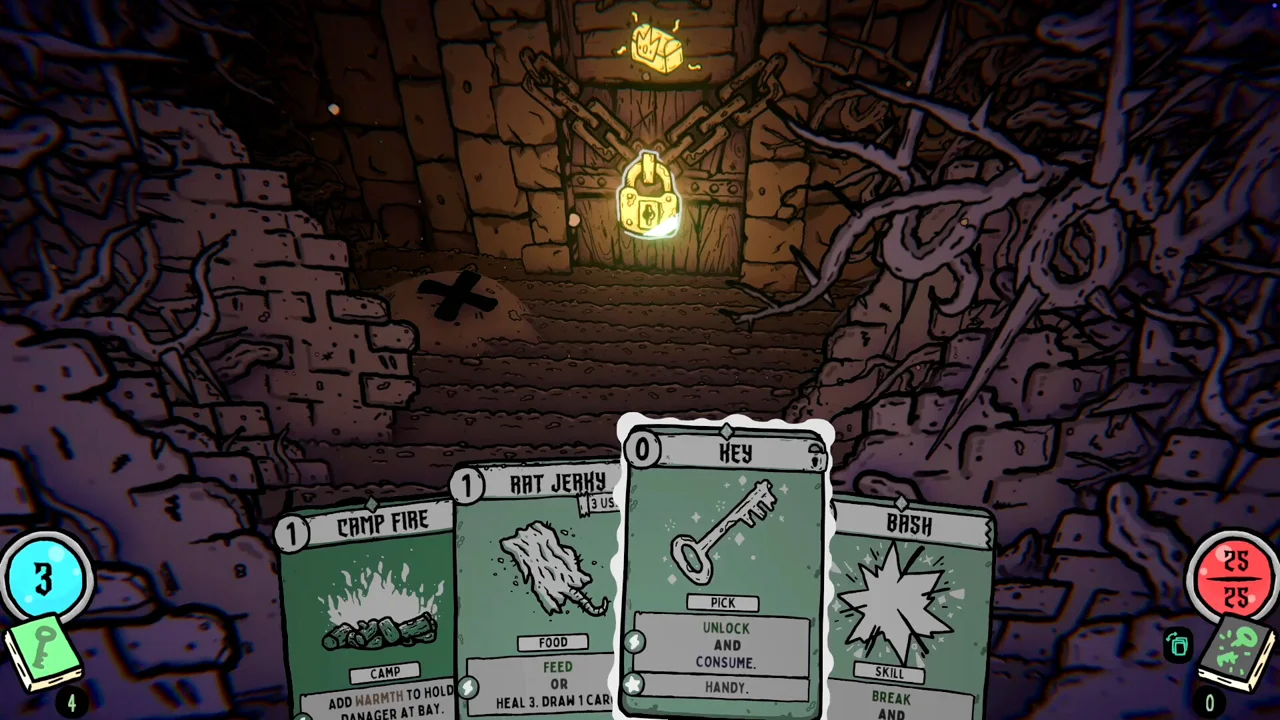 Shroom and Gloom screenshot: first-person view holding cards in a fire-lit fungal dungeon