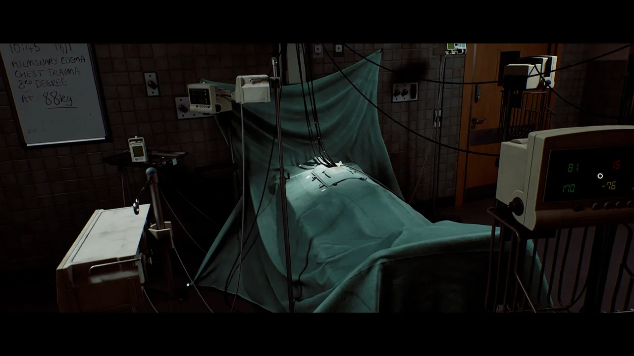 A first-person view inside a medical room in St. Amelia: an examination bed under a green sheet, monitors and cables, and patient notes on the wall