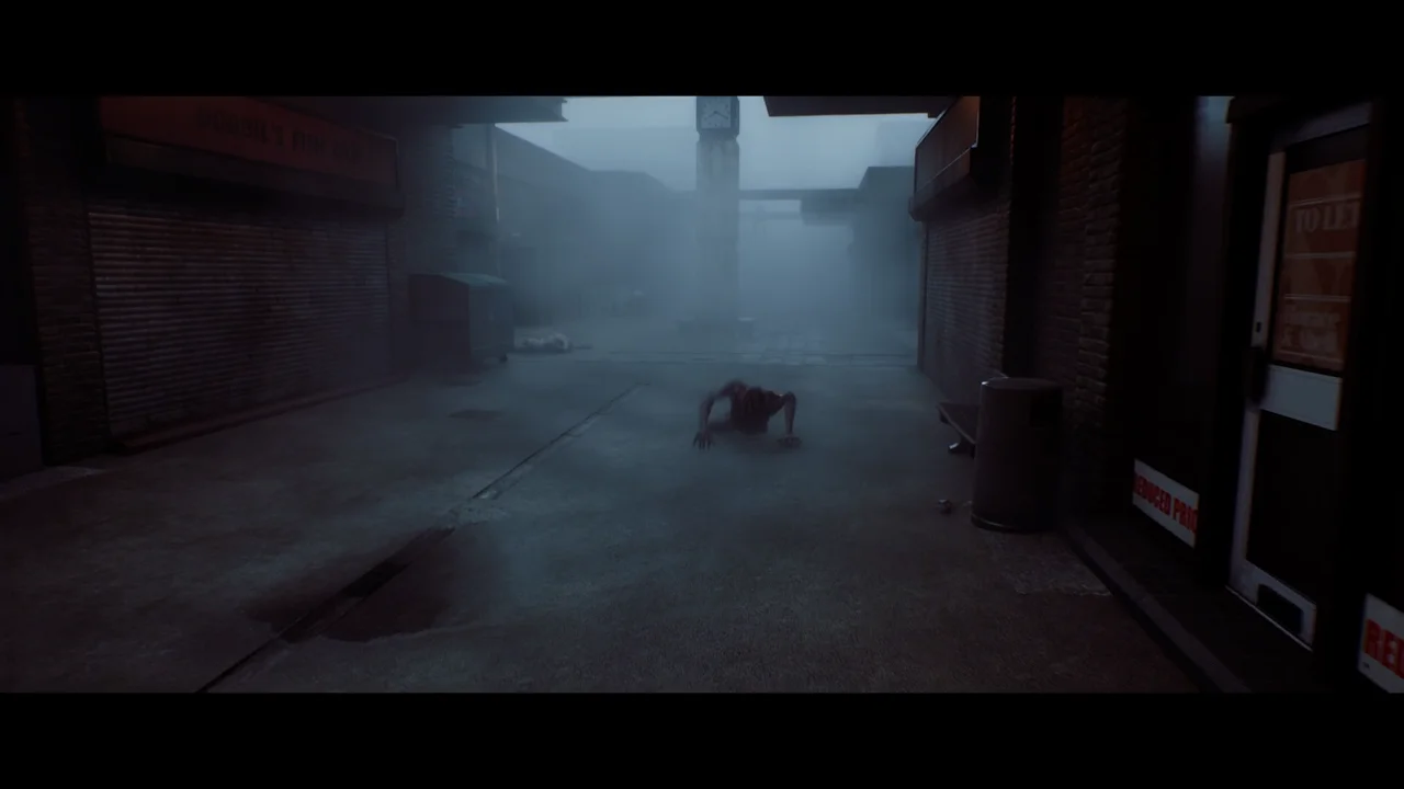 Fog filling a narrow street in the island town of St. Amelia, with the clock tower in the distance and something low on the wet ground