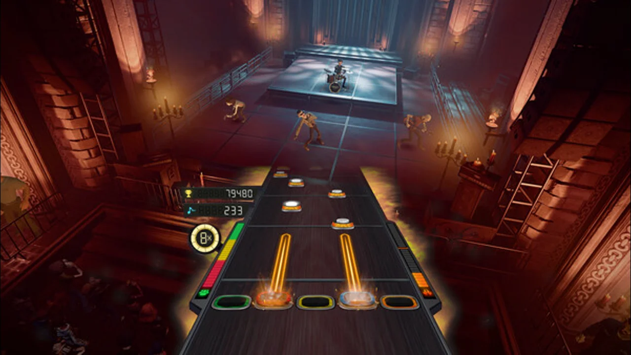Stage Tour gameplay: a 5-lane note track with a red guitar controller, neon stage lighting in the background