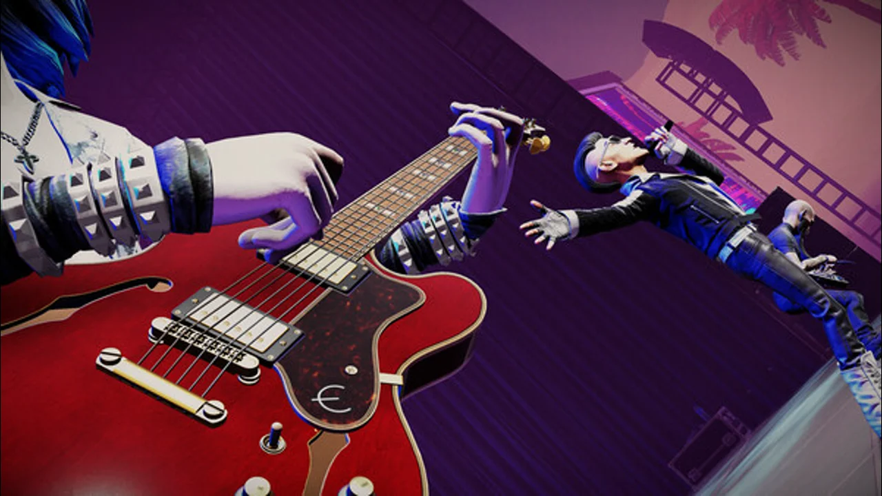 Stage Tour screenshot: character on stage, drums kit visible, crowd in the background, neon lights overhead