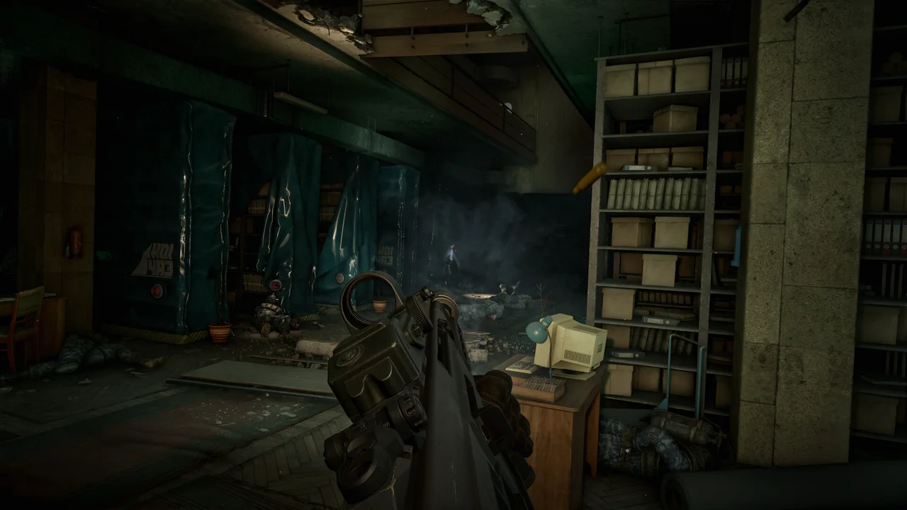 Cost of Hope gameplay: a stalker exploring a foggy industrial area with a rifle raised