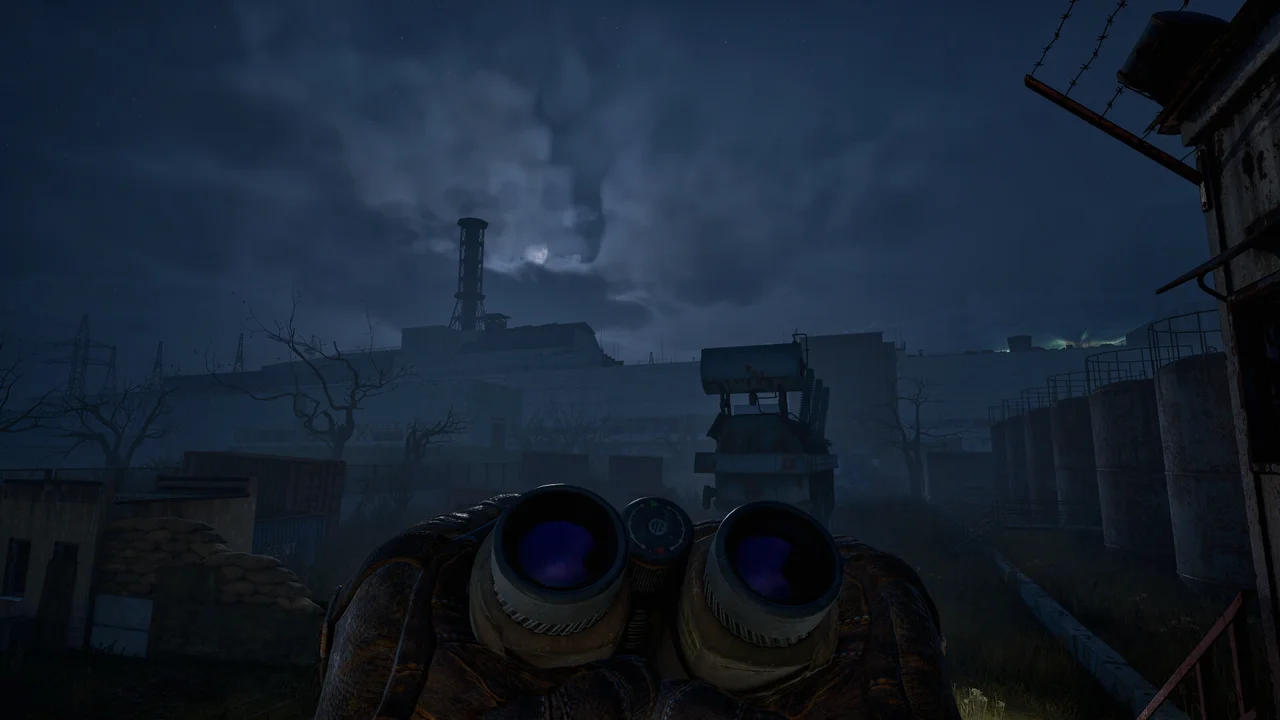 Cost of Hope gameplay: the player character approaching a settlement in the Zone at dusk
