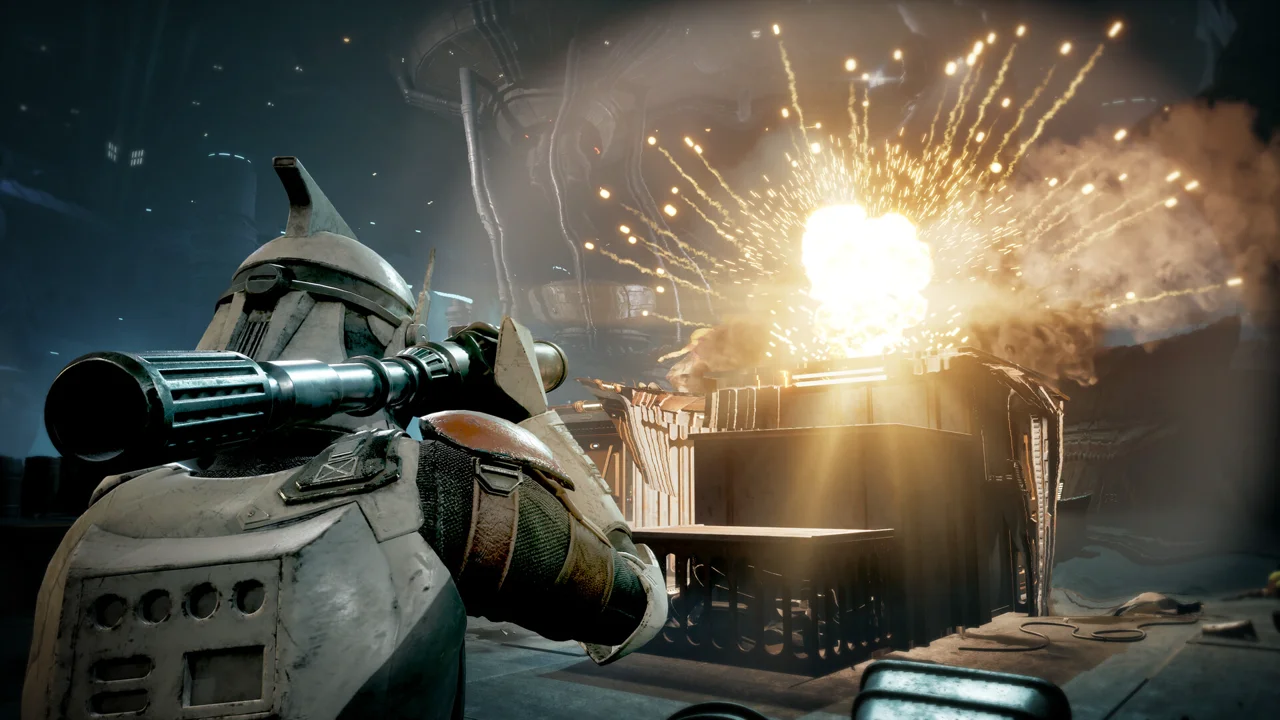 STAR WARS Zero Company screenshot: cover-based combat in a Clone Wars hangar with a clone commando raising a blaster, tactical line-of-sight markers on the floor